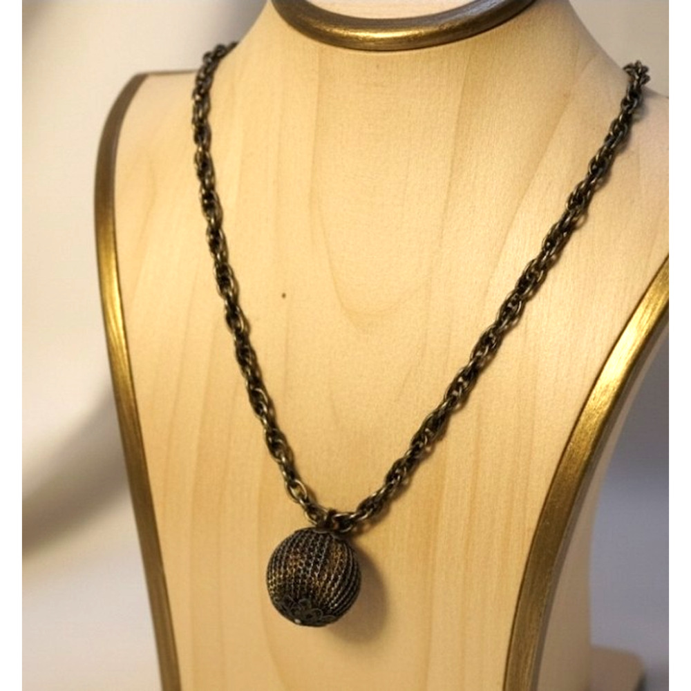 Mesh Ball Pendant Antiqued‎ Gold Tone Metal Rope Chain Textured Necklace Jewelry